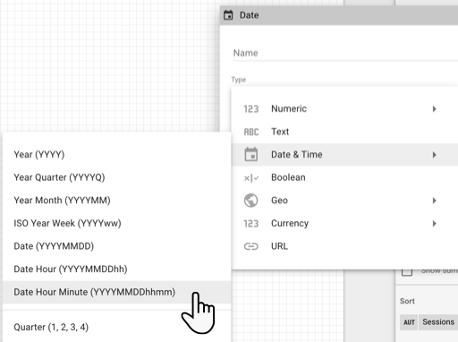 Date Hour Minute datatype option highlighted in the Date & Time datatype data source menu.