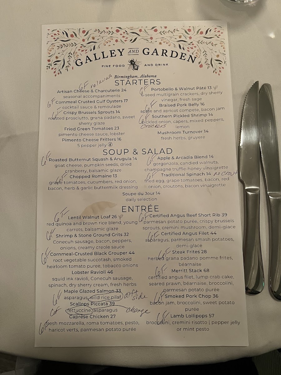Galley & Garden gluten-free menu