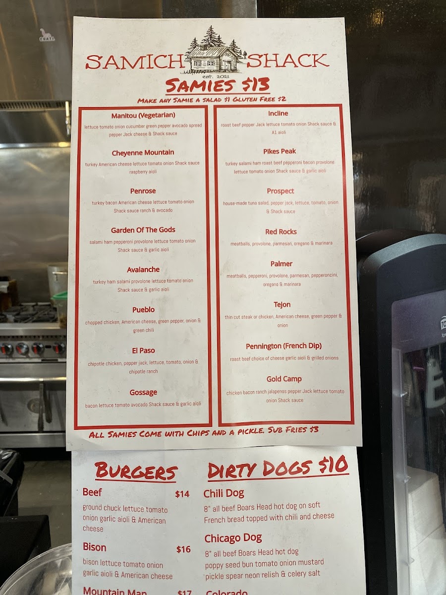 Samich Shack gluten-free menu