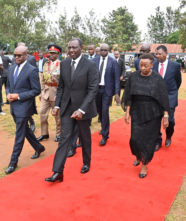 President William Ruto, First Lady Mama Rachel Ruto and PS Raymond Omollo during the burial ceremony of CDF General Francis Ogolla at his home at Ngiya Village in Siaya County on April 21, 2024.