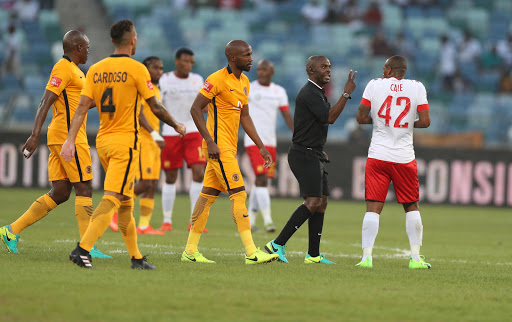 Referee Mr Phelelani Ndaba talking to Franklin Cale of Highlands Park during the Absa Premiership match between Kaizer Chiefs and Highlands Park at Moses Mabhida Stadium on February 18, 2017 in Durban, South Africa. Photo by Steve Haag/Gallo Images