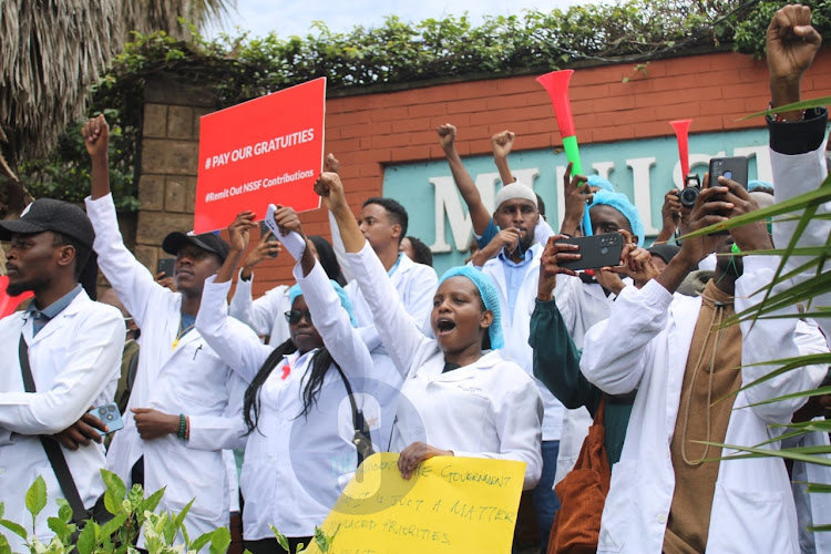 A section of doctors, Interns and nurses demonstrate outside the Ministry of health offices, Nairobi on April 9, 2024