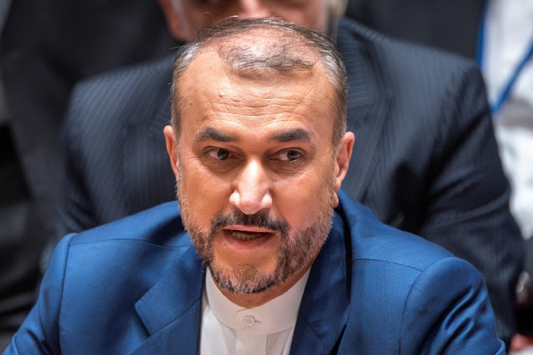 Iran's foreign minister Hossein Amir Abdollahian speaks to members of Security Council during a meeting to address the situation in the Middle East, at the UN headquarters in New York City, US, on April 18 2024.