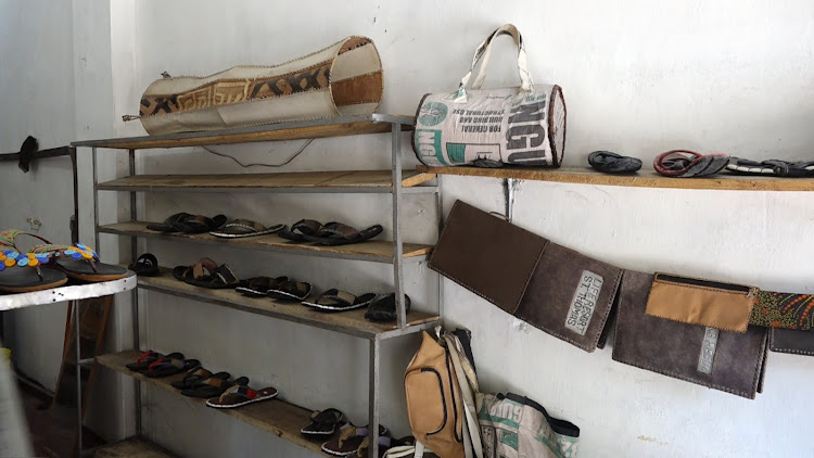 Some of the products made from recycled materials which are made by Michael Nzuki at his retail shop in Malindi