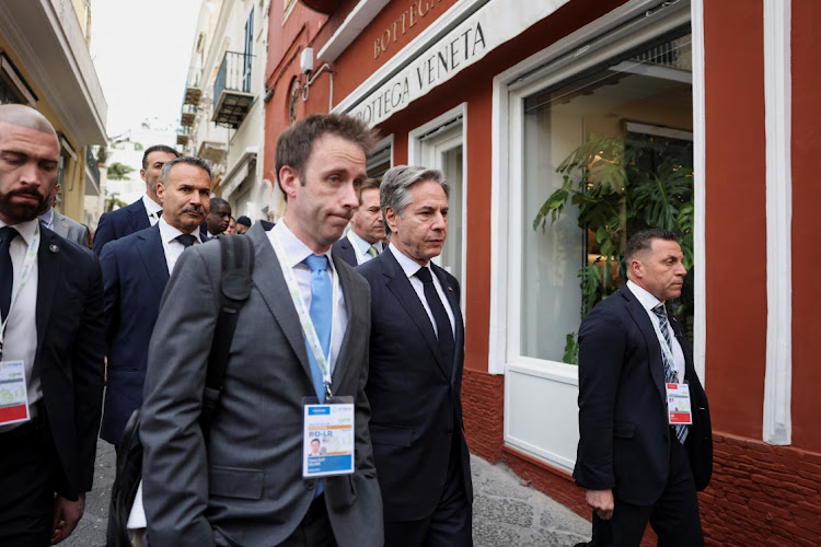 US secretary of state Antony Blinken walks towards the Grand Hotel Quisisana on the second day of a G7 foreign ministers meeting on Capri island, Italy, on April 18 2024.