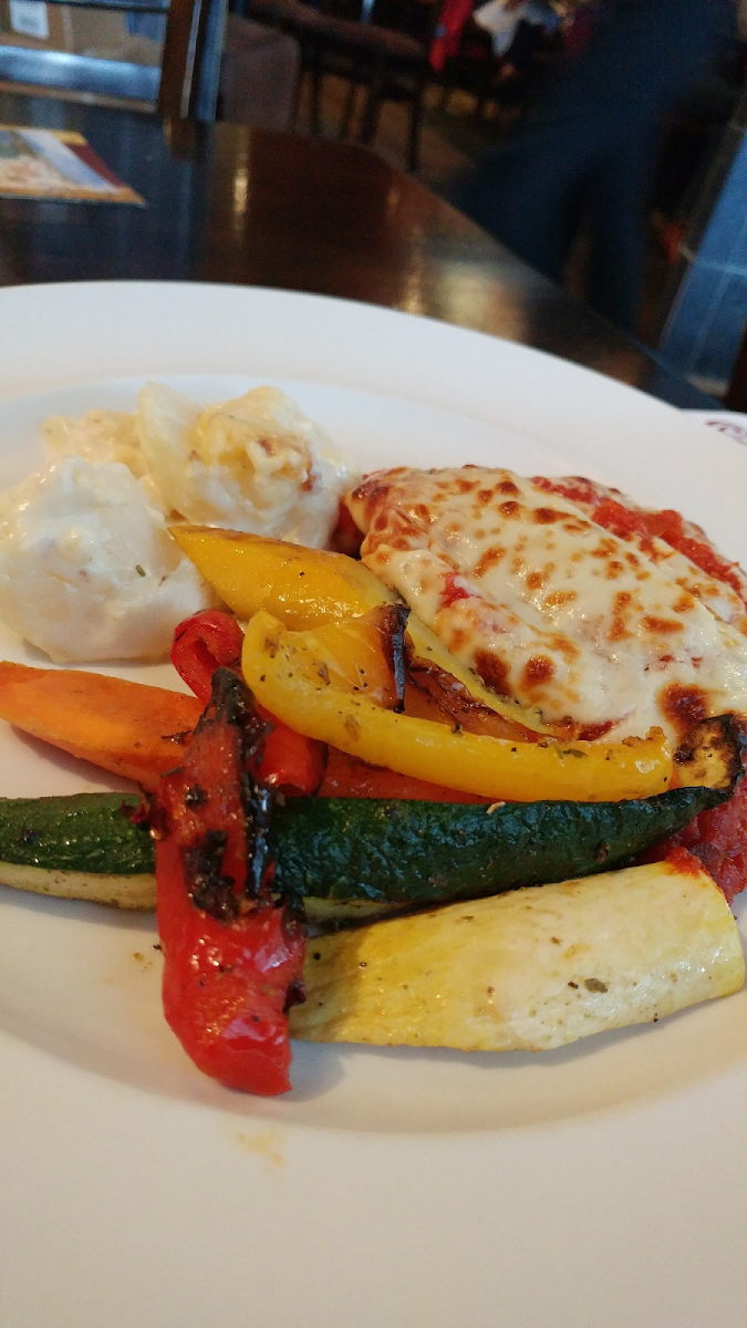 Grilled chicken parm with veggies and potatoes