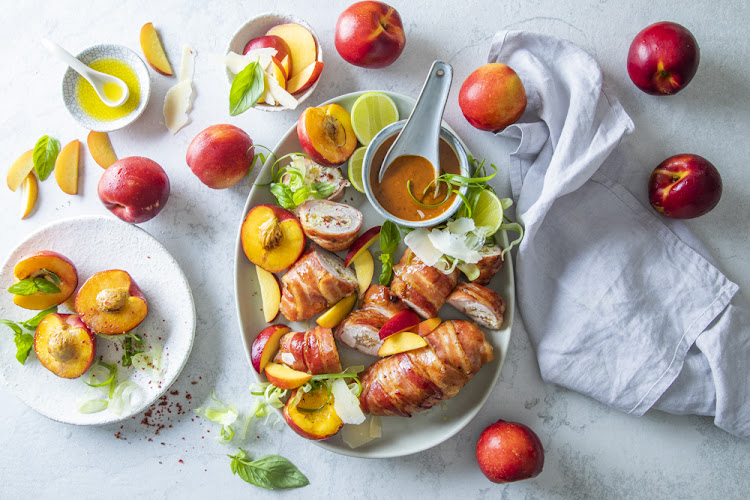 Bacon and nectarine stuffed chicken breasts.