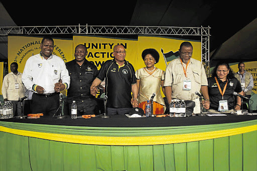 The ANC top six: Zweli Mkhize; Cyril Ramaphosa; Jacob Zuma; Baleka Mbete; Gwede Mantashe and Jessie Duarte. File photo.