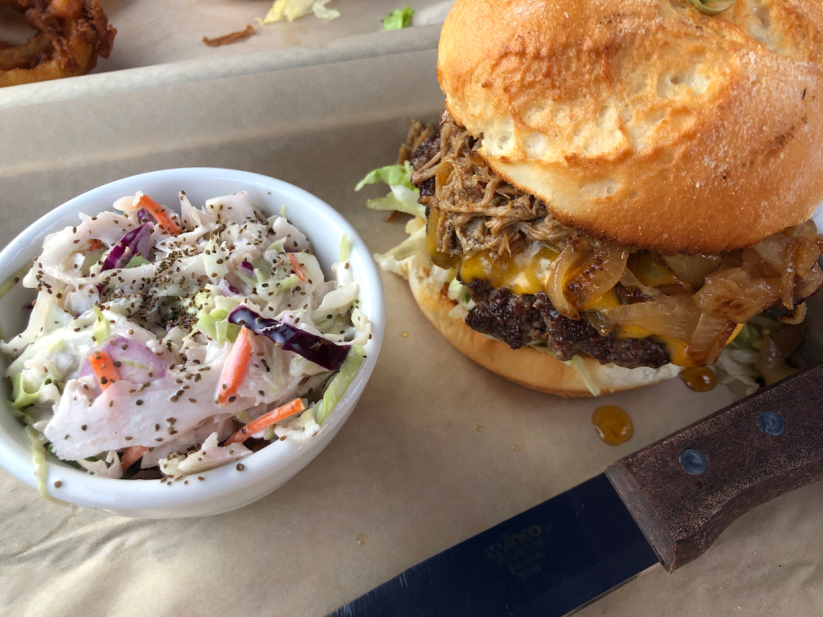 The Q Burger with a side of slaw