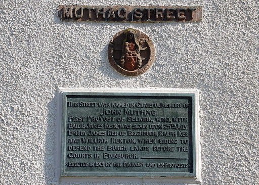 A plaque on the corner of a house explaining the history of the street name, commemorating John Muthag, first Provost of Selkirk. © Copyright Jim Barton and licensed for reuse under this Creative...