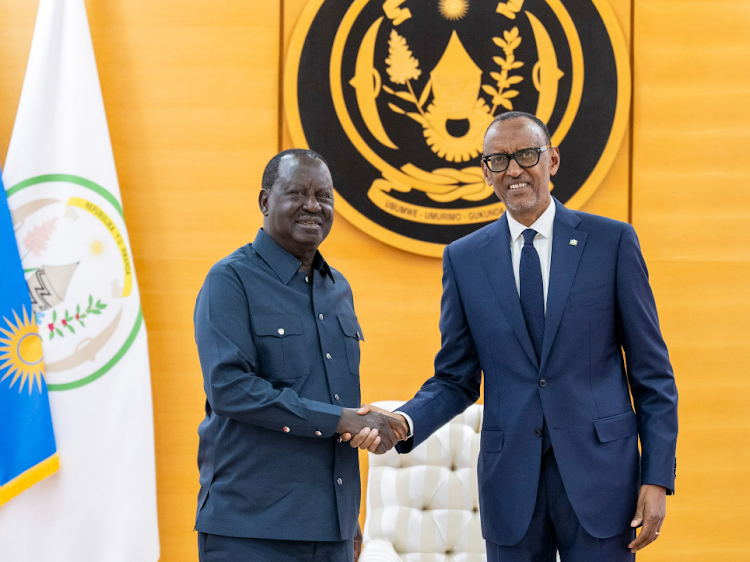 Opposition leader Raila Odinga and Rwandan President Paul Kagame on March 8, 2024