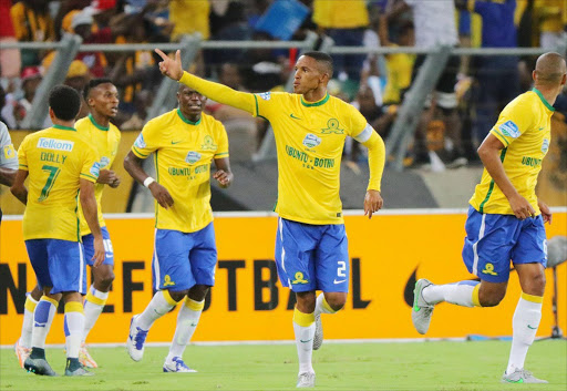 Thabo Nthethe of Mamelodi Sundowns celebrates the third goal during the Telkom Knockout Final match against Kaizer Chiefs at Moses Mabhida Stadium. Picture credits: Gallo Images