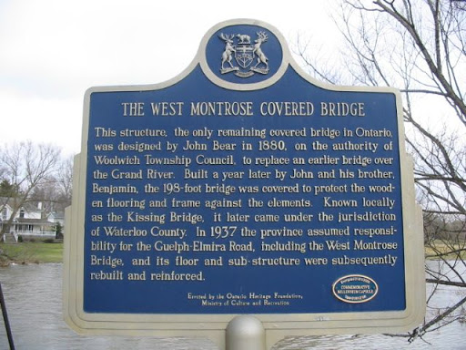 This structure, the only remaining covered bridge in Ontario, was designed by John Bear in 1880, on the authority of Woolwich Township Council, to replace an earlier bridge over the Grand River....