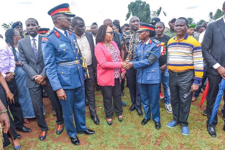 Kirinyaga Governor Anne Waiguru during the burial of Sergeant Rose Nyawira at her parent’s home in Kagio, Kirinyaga County on April 25, 2024.