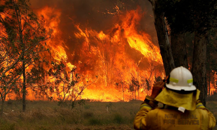A firefighter on property protection watches the progress of bushfires in Old Bar, New South Wales, Australia, on November 9 2019.
