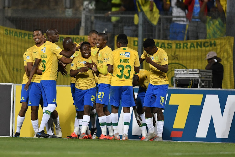 Mamelodi Sundowns players celebrate a goal.