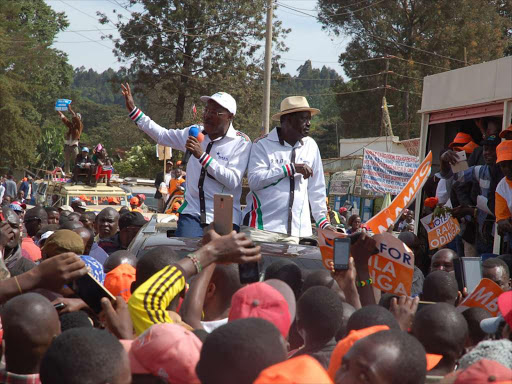 NASA presidential candidate Raila Odinga and co-principal Moses Wetang'ula at Maua town Igembe South on Saturday, June 17, 2017. /DENNIS DIBONDO