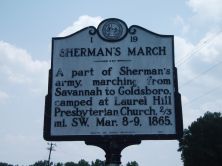A part of Sherman's army, marching from Savannah to Goldsboro, camped at Laurel Hill Presbyterian Church, 2/3 mi. SW, Mar. 8-9, 1865.Plaque via North Carolina Highway Historical Marker Program,...
