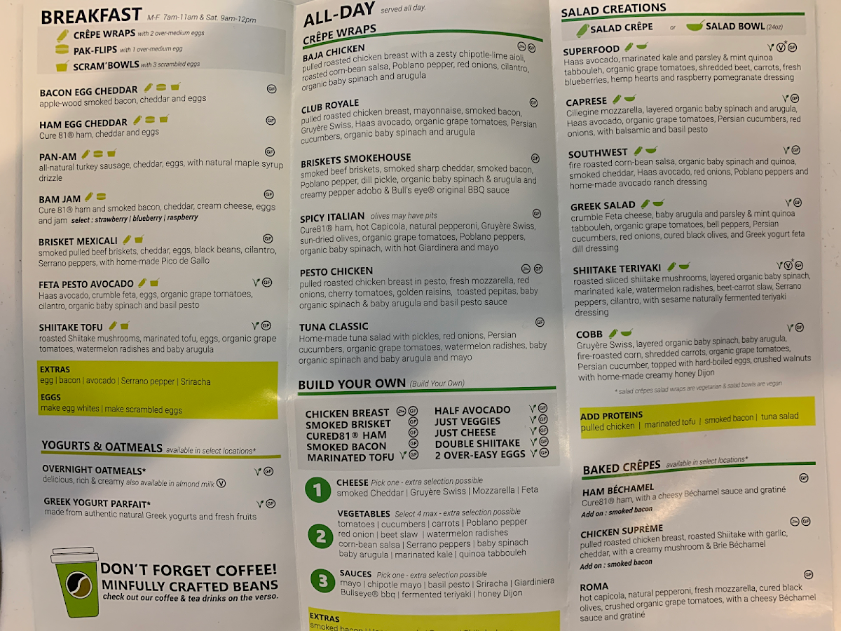 Breakfast menu and salads and dinner and dessert crepes