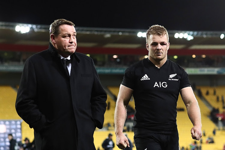 Head coach Steve Hansen walks off with Sam Cane of the All Blacks after losing The Rugby Championship match between the New Zealand All Blacks and the South Africa Springboks at Westpac Stadium on September 15, 2018 in Wellington, New Zealand.