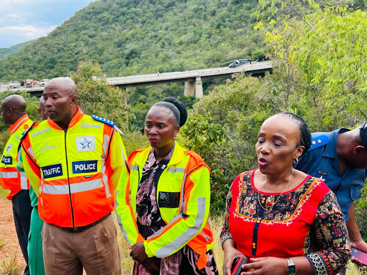 Limpopo transport MEC Florence Radzilani (middle) and transport minister Sindisiwe Chikunga at the scene of a bus crash in Limpopo which claimed the lives of 45 of the 46 people on the bus.