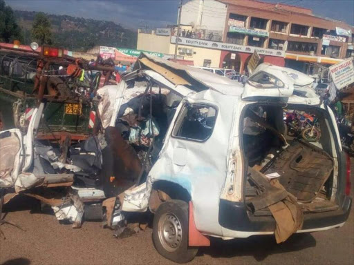 The wreckage of the car that was involved in the accident on Kisii-Keroka highway on Tuesday, February 13, 2018. /ALVIN RATEMO