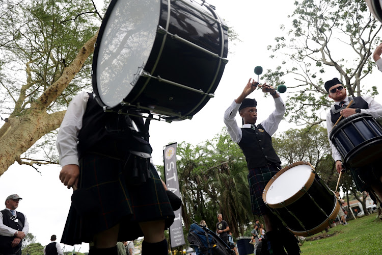 Pretoria Highlanders Pipes and Drums compete under grade 3 at tthe 2024 Highland Gathering in Hutchison Park in Amanzimtoti