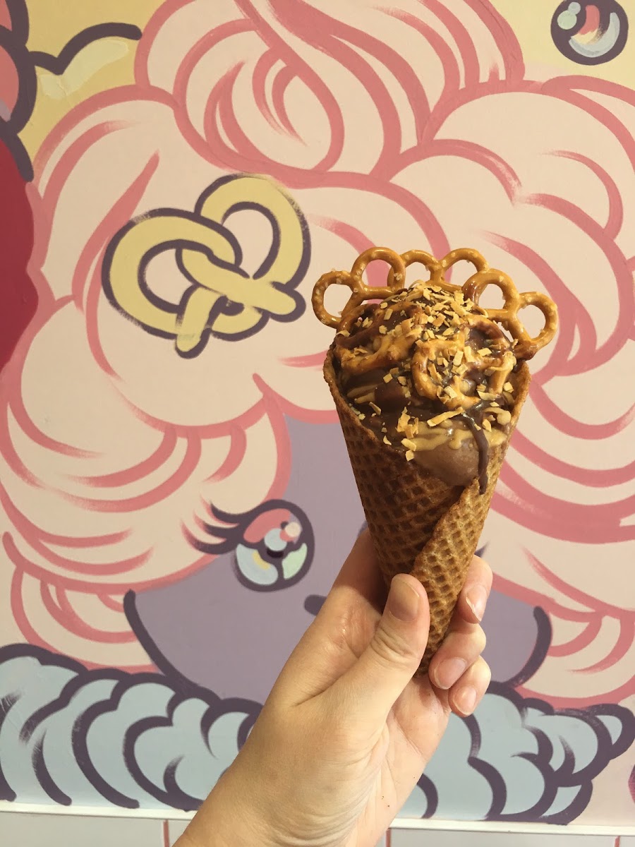 Gluten free waffle cone topped with gf pretzels