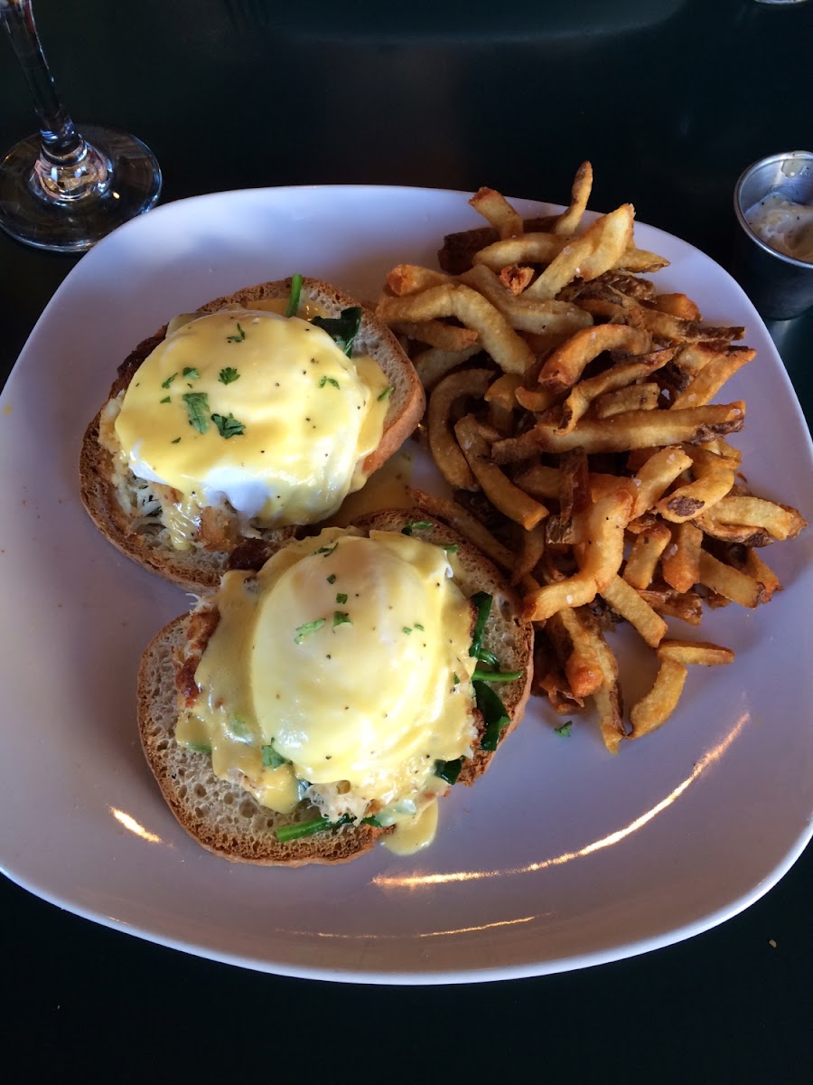 GF crab cake eggs Benedict with frites. Absolutely amazing!