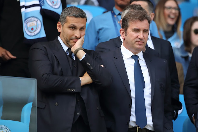 Khaldoon Al Mubarak chairman and Ferran Soriano the Chief Executive Officer of Manchester City during the Premier League match between Manchester City and Tottenham Hotspur at Etihad Stadium on April 20, 2019 in Manchester, United Kingdom.