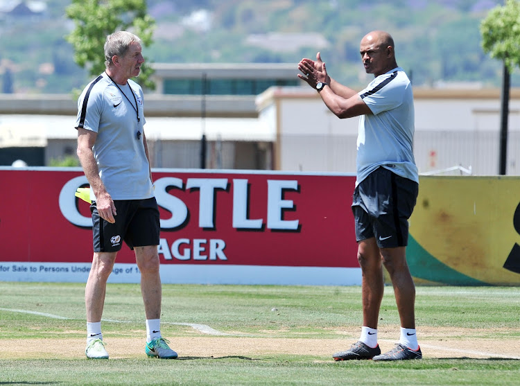 Bafana Bafana coach Stuart Baxter (L) has roped in former striker Shaun Bartlett (R) to his technical team for the home and away 2019 Africa Cup of Nation qualifying matches against Seychelles. The pair were pictured during the SA training session on Tuesday October 9, 2018 at Steyn City School in Johannesburg.
