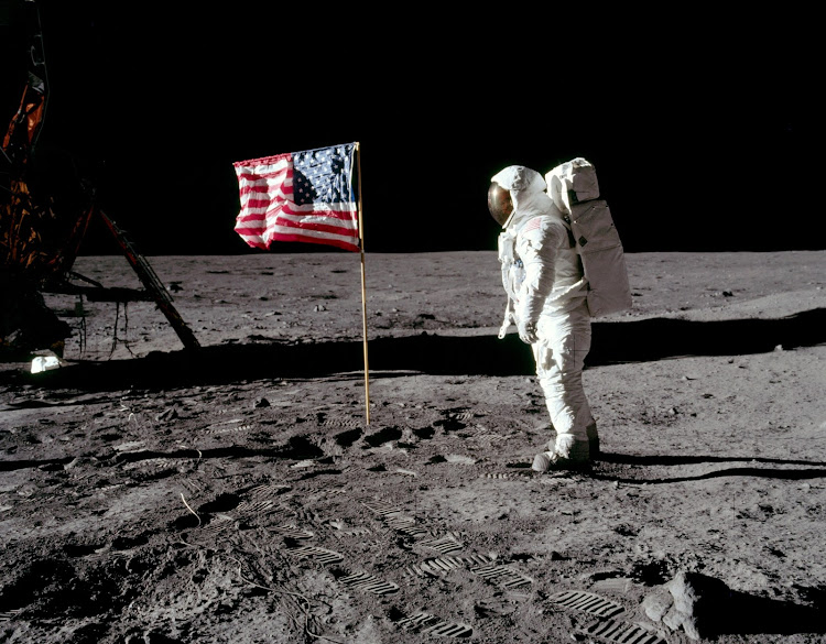 Astronaut Buzz Aldrin poses for a photograph on the moon on July 20 1969. Note the lack of stars in the background.