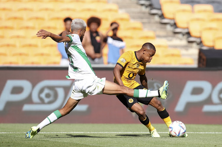 Ashley Du Preez of Kaizer Chiefs challenged by Abbubaker Mobara of AmaZulu during the 2022 MTN8 Semifinal match between Kaizer Chiefs and AmaZulu at the FNB Stadium, Johannesburg on the 02 October 2022.