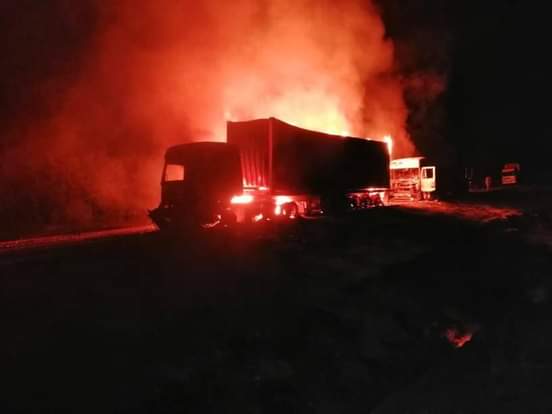 The scene of the accident where four trucks caught fire in a multiple accident along the Northern Corridor in Teso North Sub County.