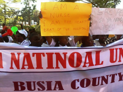 Nurses in Busia county protest over the non-implementation of their CBA, June 19, 2017. /JANE CHEROTICH