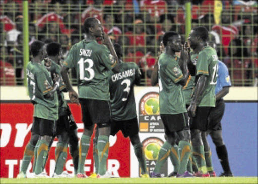 SHUSH: Zambia's players celebrate after scoring against Equatorial Guinea during their African Nations Cup match in Malabo last month. PHOTO: REUTERS