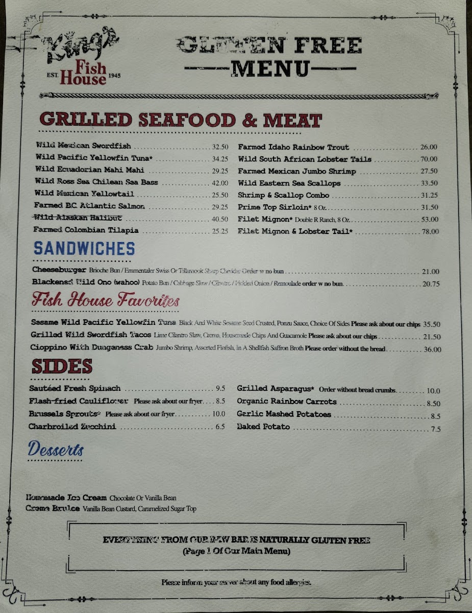 King's Fish House gluten-free menu