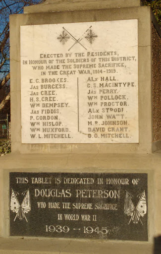 Transcript:Erected by the Presidents, in Honour of the Soldiers of this District whom made the Supreme Sacrifice, in the Great War, 1914 - 1919.E. G. Brookes.Jas Burgess.Jas Cree.H. S. Cree.Wm...