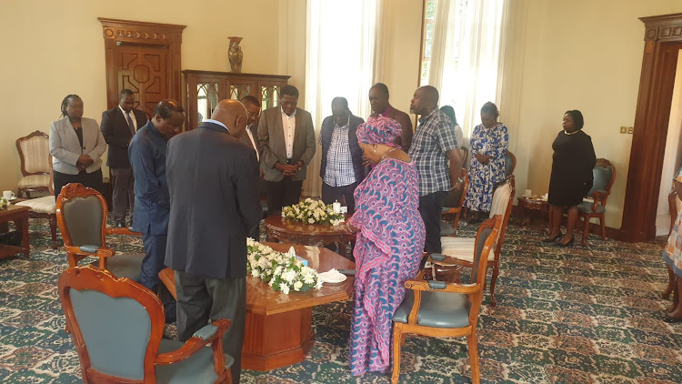 Azimio leaders join the Moi family for a prayer at Gideon Moi's home on April 12,2024.