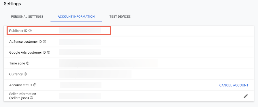 显示“设置”中“发布商 ID”的 AdMob 界面。