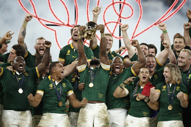 Captain Siya Kolisi lifts The Webb Ellis Cup as the Springboks celebrate winning the 2023 Rugby World Cup final against the All Blacks at Stade de France in Saint-Denis, Paris on Saturday night. Picture: BENOIT TESSIER/REUTERS