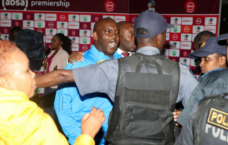 Mamelodi Sundowns' coach Pitso Mosimane had to be held back by police after being involved in a physical altercation with security personnel following the Absa Premiership 3-3 draw against AmaZulu at King Zwelithini Stadium in Umlazi on Sunday September 16 2018.