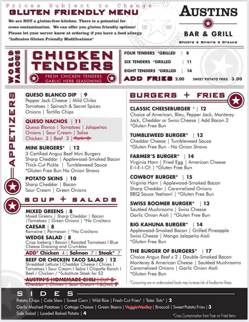 Austins Bar & Grill gluten-free menu