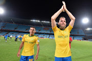 Jeremy Brockie (R) and Gaston Sirino (L) greets fans during the Absa Premiership match between Mamelodi Sundowns and Platinum Stars at Loftus Versfeld Stadium on January 20, 2018 in Pretoria, South Africa. 