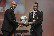 Tefu Mashamaite is Footballer of the Season, Players Player of the Season and Defender of the Season with Lucas Radebe during the PSL Player of the Year awards at Sandton Convention Centre on May 17, 2015 in Johannesburg, South Africa. (Photo by Lefty Shivambu/Gallo Images)