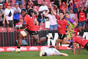 Emmanuel Tshituka break for a try for the the Lions in theur United Rugby Championship match against Leinster at Ellis Park on Saturday. 
