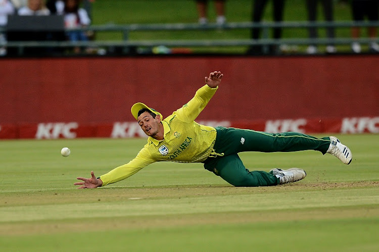 Quinton de Kock of South Africa dives for the ball during the 1st KFC T20 International match between South Africa and Sri Lanka at PPC Newlands on March 19, 2019 in Cape Town, South Africa.