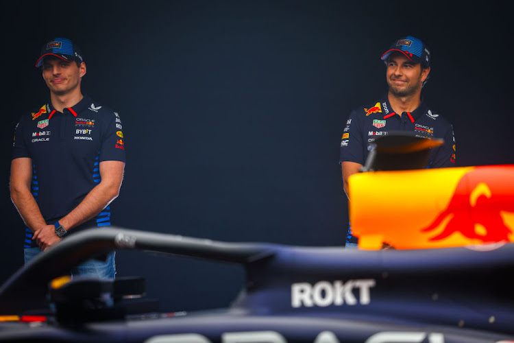 Red Bull F1 drivers Max Verstappen, left, and Sergio Perez will be testing the new RB20 in Bahrain this week. Picture: MARK THOMPSON/GETTY IMAGES FOR RED BULL RACING