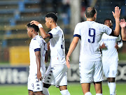 Kobamelo Kodisang celebrates goal with teammates during the 2018 CAF Champions League football match between Bidvest Wits and Pamplemousses at Bidvest Stadium, Johannesburg on 10 February 2018.