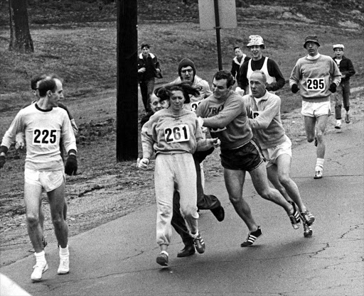 Karen Switzer was spotted early in the 1967 Boston Marathon by a man who tried unsuccessfully to tear the number off her shirt and remove her from the race.